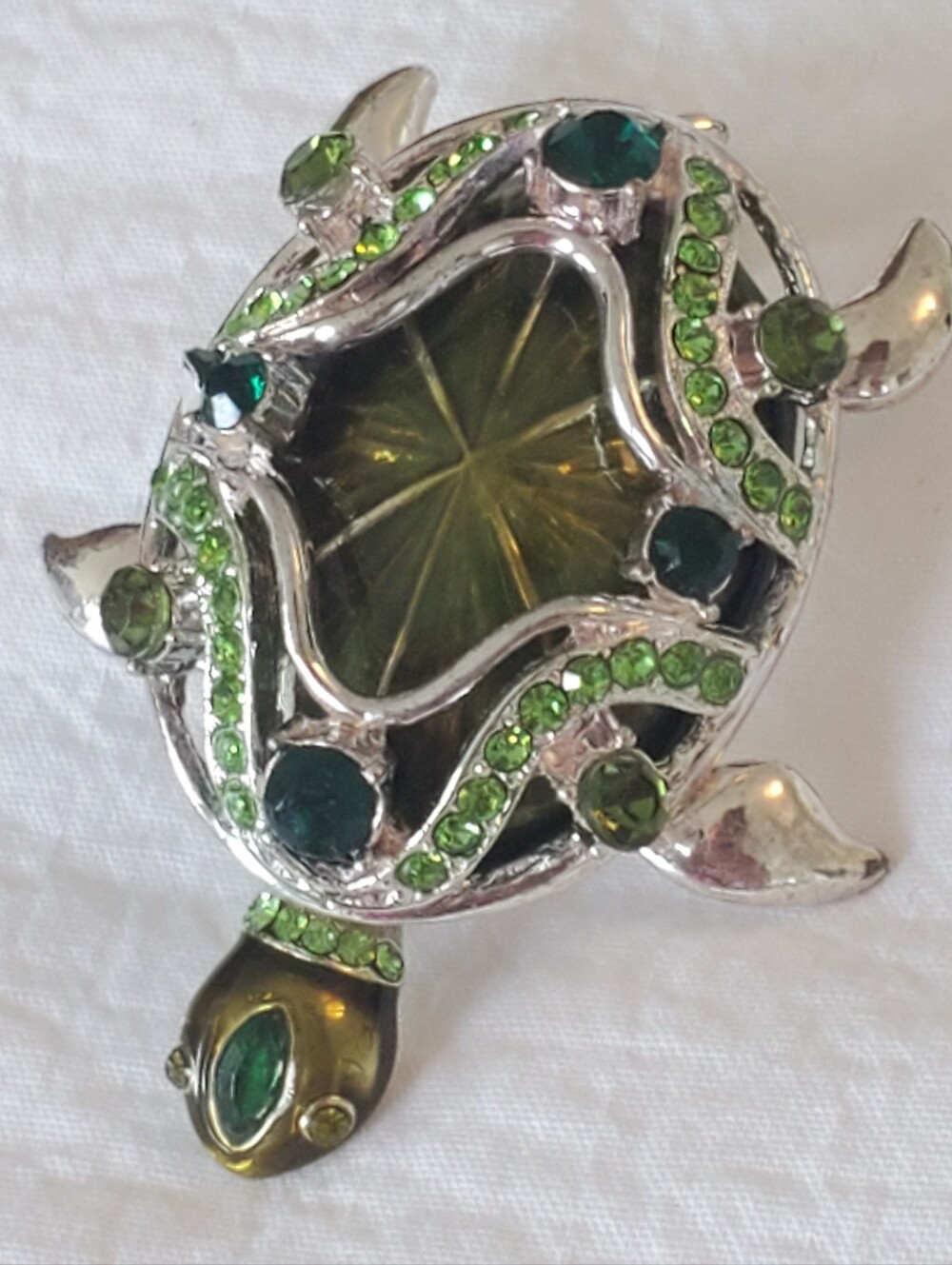 Vintage Turtle Brooch In A Silver-tone With Green Rhinestones And Crystal Shell
